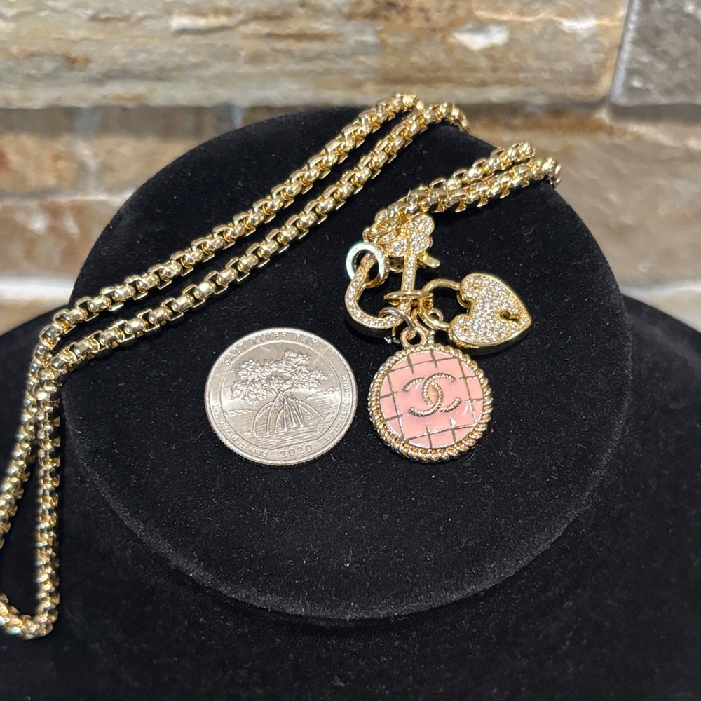 Gold Chain Necklace with Designer Pink Medallion and Heart Charms - Picture 6 of 6